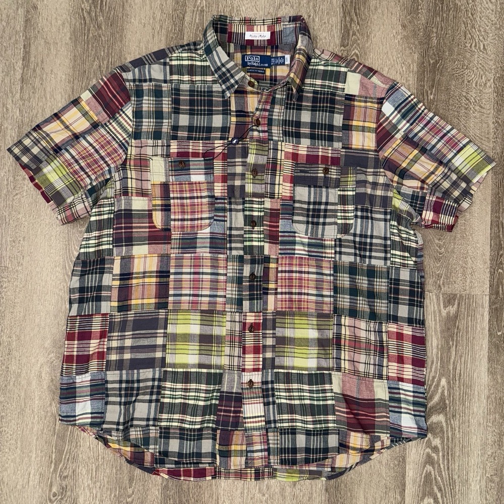 NEW Polo Ralph Lauren Bleeding Madras Patchwork Short Sleeve Work Shirt Mens 2XL - Picture 2 of 6